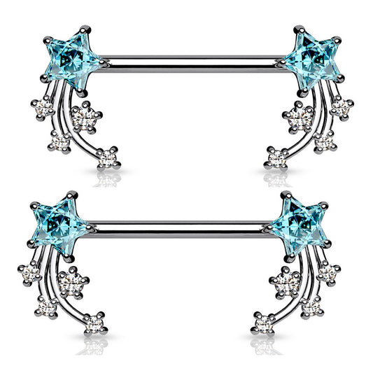 CZ Crystal Shooting Star End Nipple Barbells - Stainless Steel - Pair