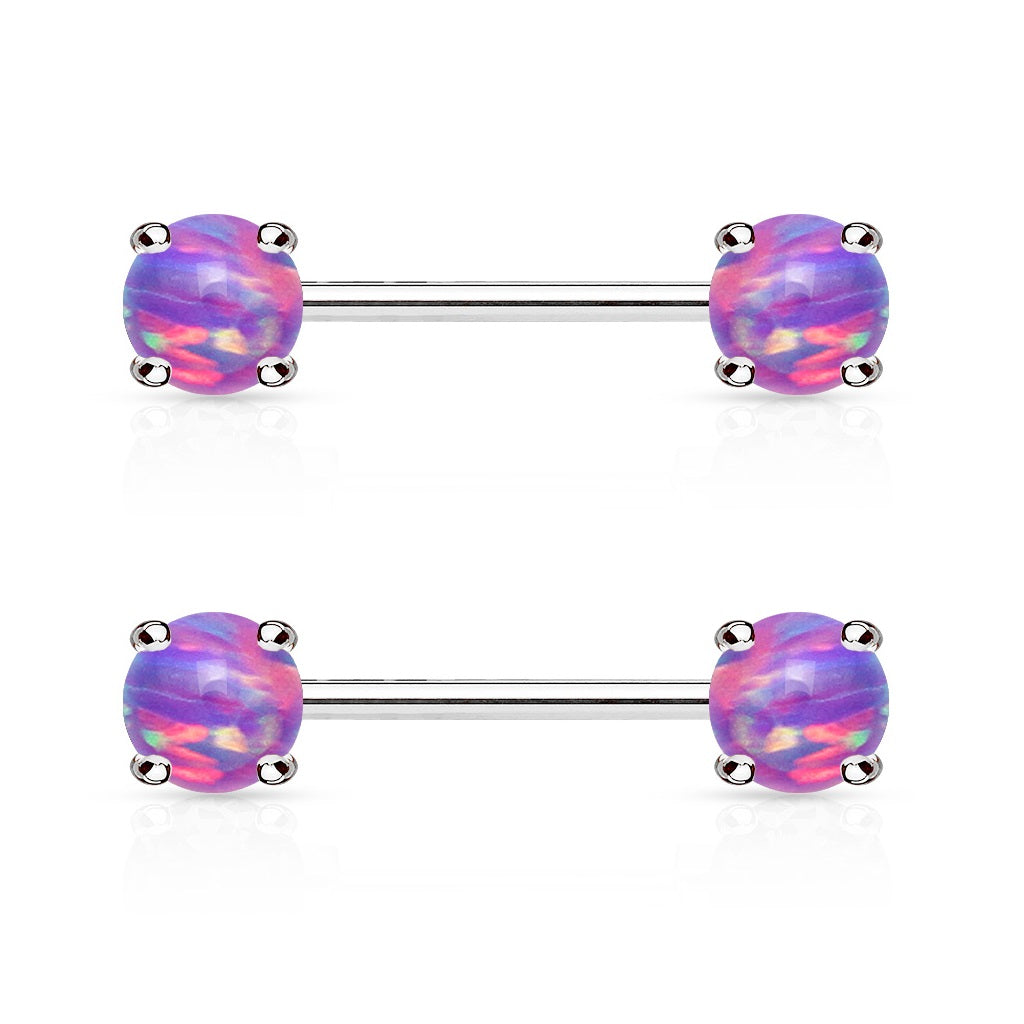 Prong Set Opalite Ends Nipple Barbells - Stainless Steel - Pair