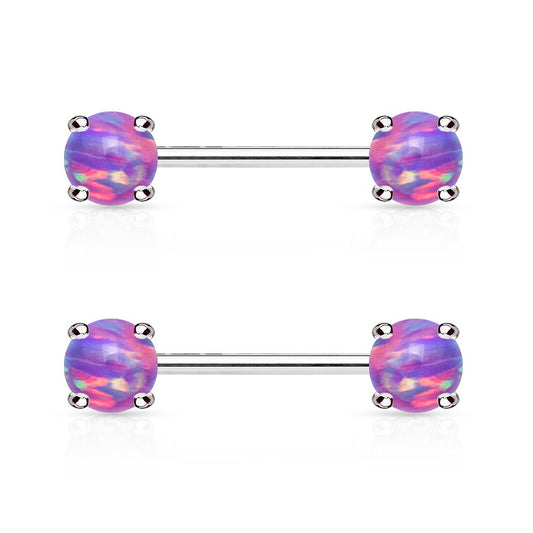 Prong Set Opalite Ends Nipple Barbells - Stainless Steel - Pair