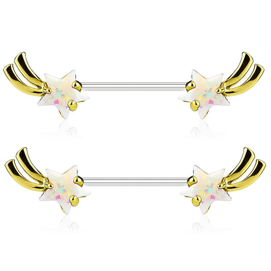 Glitter Opalite Shooting Star Ends Nipple Barbells - Stainless Steel - Pair