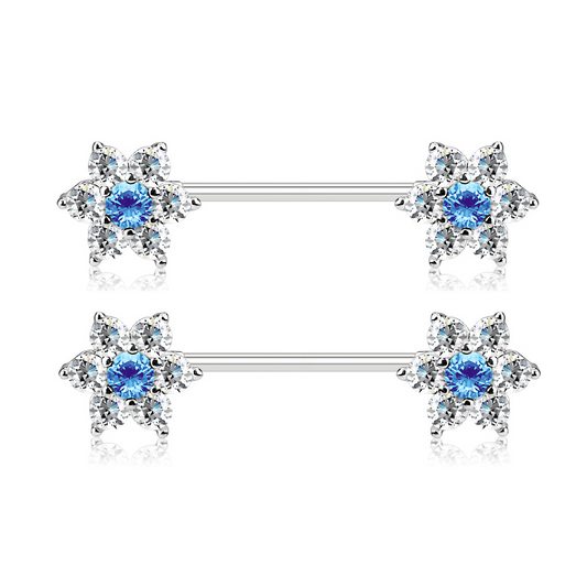 CZ Crystal Flower Nipple Barbells - Stainless Steel - Pair