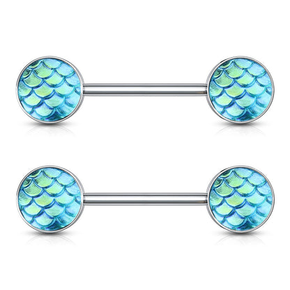 Mermaid Tail Set Ends Nipple Barbells - 316L Stainless Steel - Pair