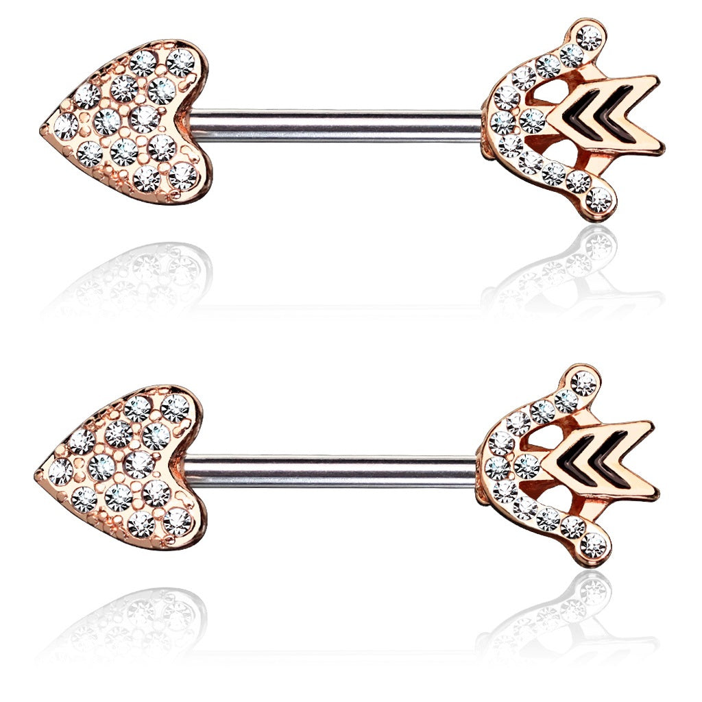 CZ Paved Heart Arrow and Bow Nipple Barbells - Stainless Steel - Pair