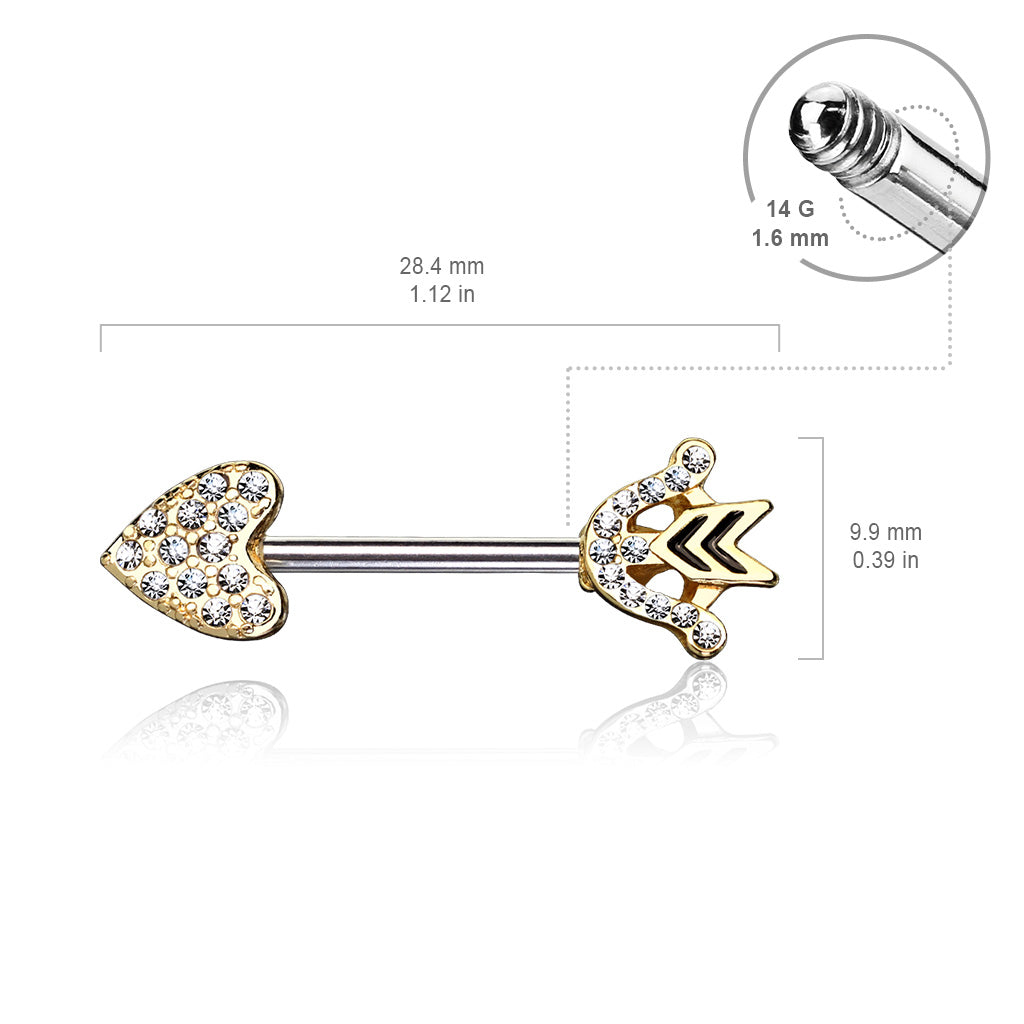 CZ Paved Heart Arrow and Bow Nipple Barbells - Stainless Steel - Pair