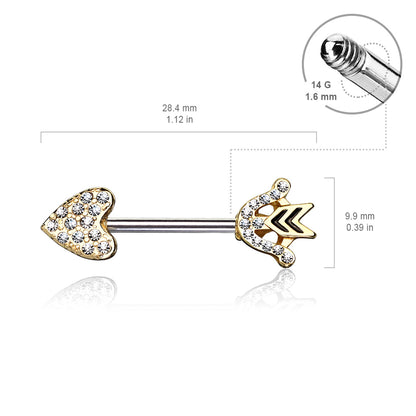 CZ Paved Heart Arrow and Bow Nipple Barbells - Stainless Steel - Pair