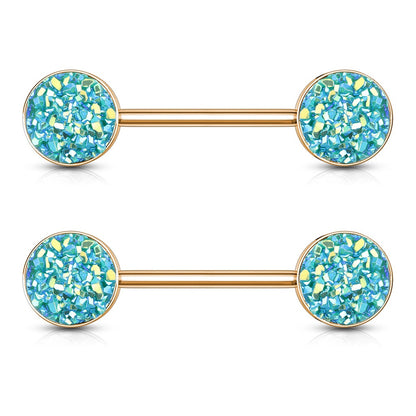 Druzy Stone Rose Gold Plated Nipple Barbells - 316L Stainless Steel - Pair