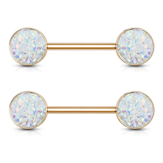 Druzy Stone Rose Gold Plated Nipple Barbells - 316L Stainless Steel - Pair