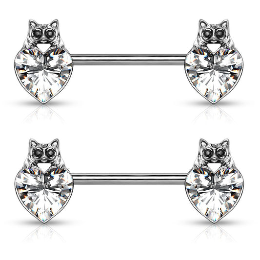 Black Crystal Eyed Cat Over CZ Heart Nipple Barbells - 316L Stainless Steel - Pair