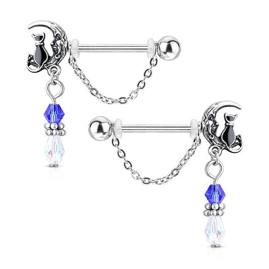 Cat and Crescent Moon with Bead Chain Dangle Nipple Barbells - Stainless Steel - Pair