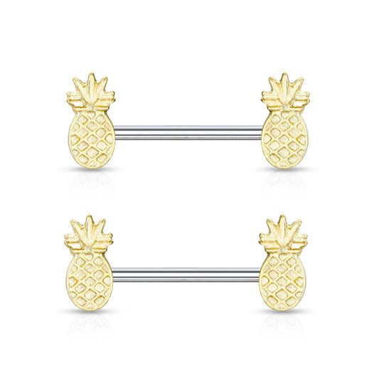 Gold Plated Tropical Pineapple Nipple Barbells - Stainless Steel - Pair