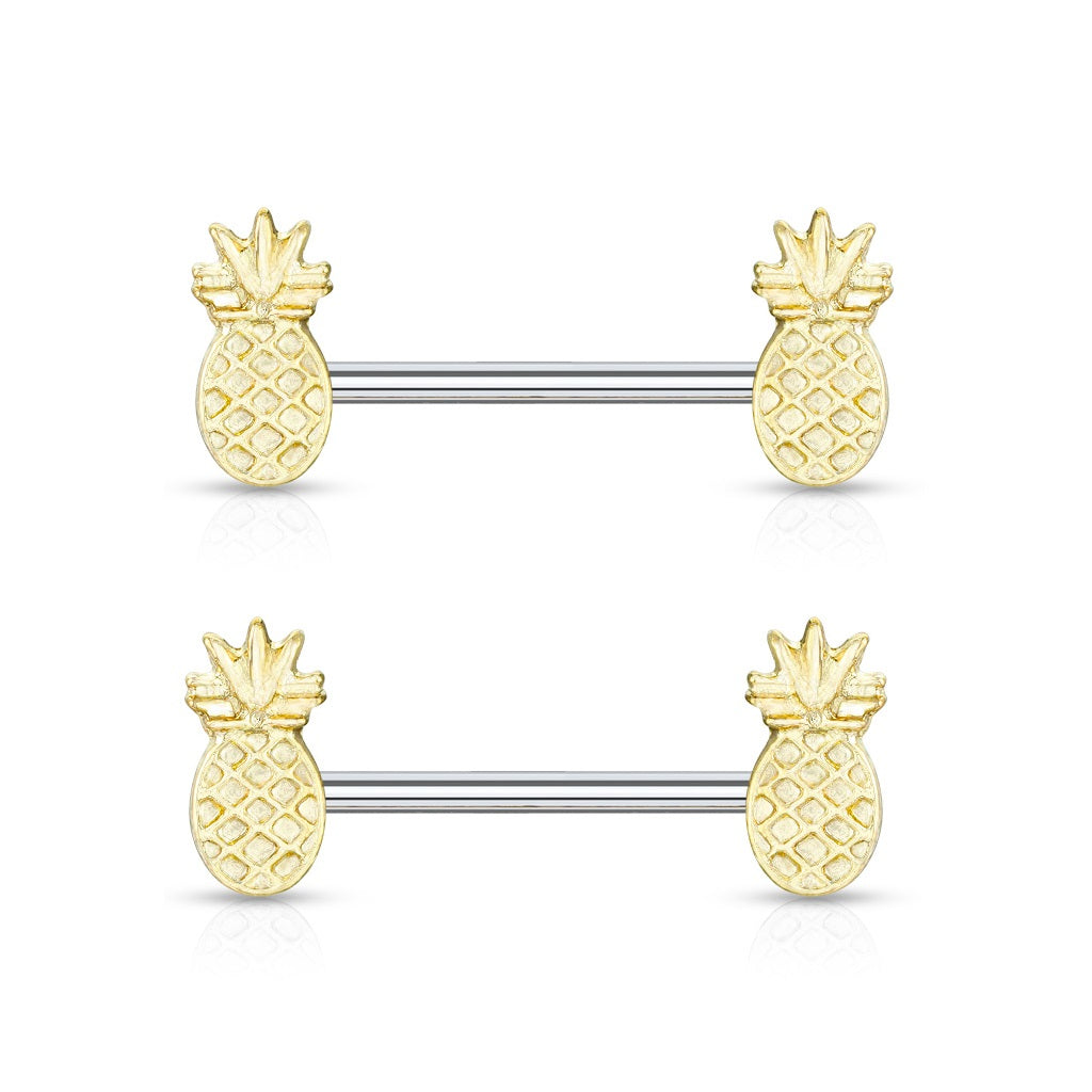 Gold Plated Tropical Pineapple Nipple Barbells - Stainless Steel - Pair