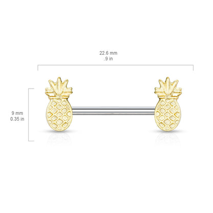 Gold Plated Tropical Pineapple Nipple Barbells - Stainless Steel - Pair