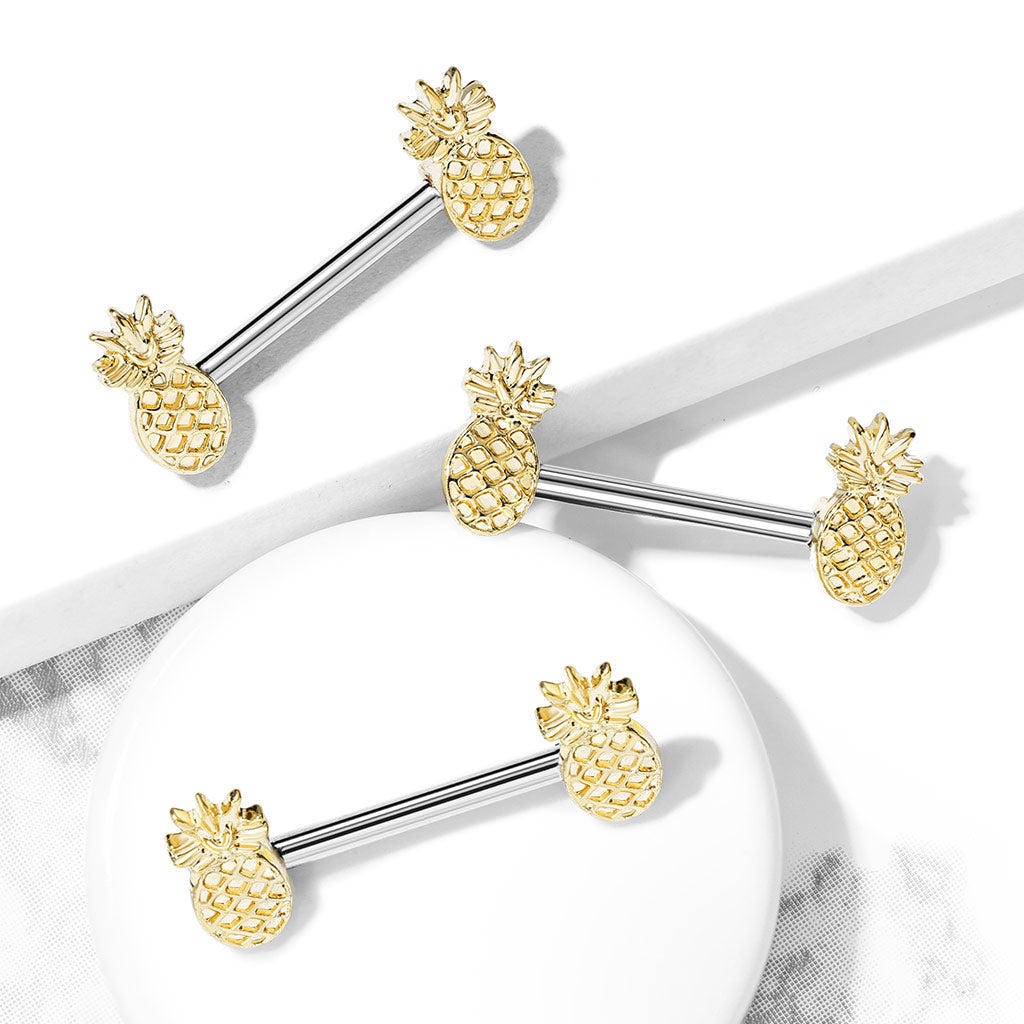 Gold Plated Tropical Pineapple Nipple Barbells - Stainless Steel - Pair