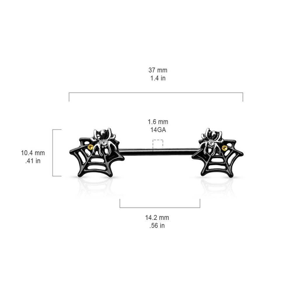 CZ Crystal Black Spider Web Nipple Barbells - Stainless Steel - Pair