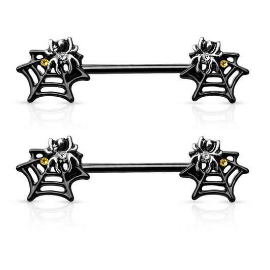 CZ Crystal Black Spider Web Nipple Barbells - Stainless Steel - Pair