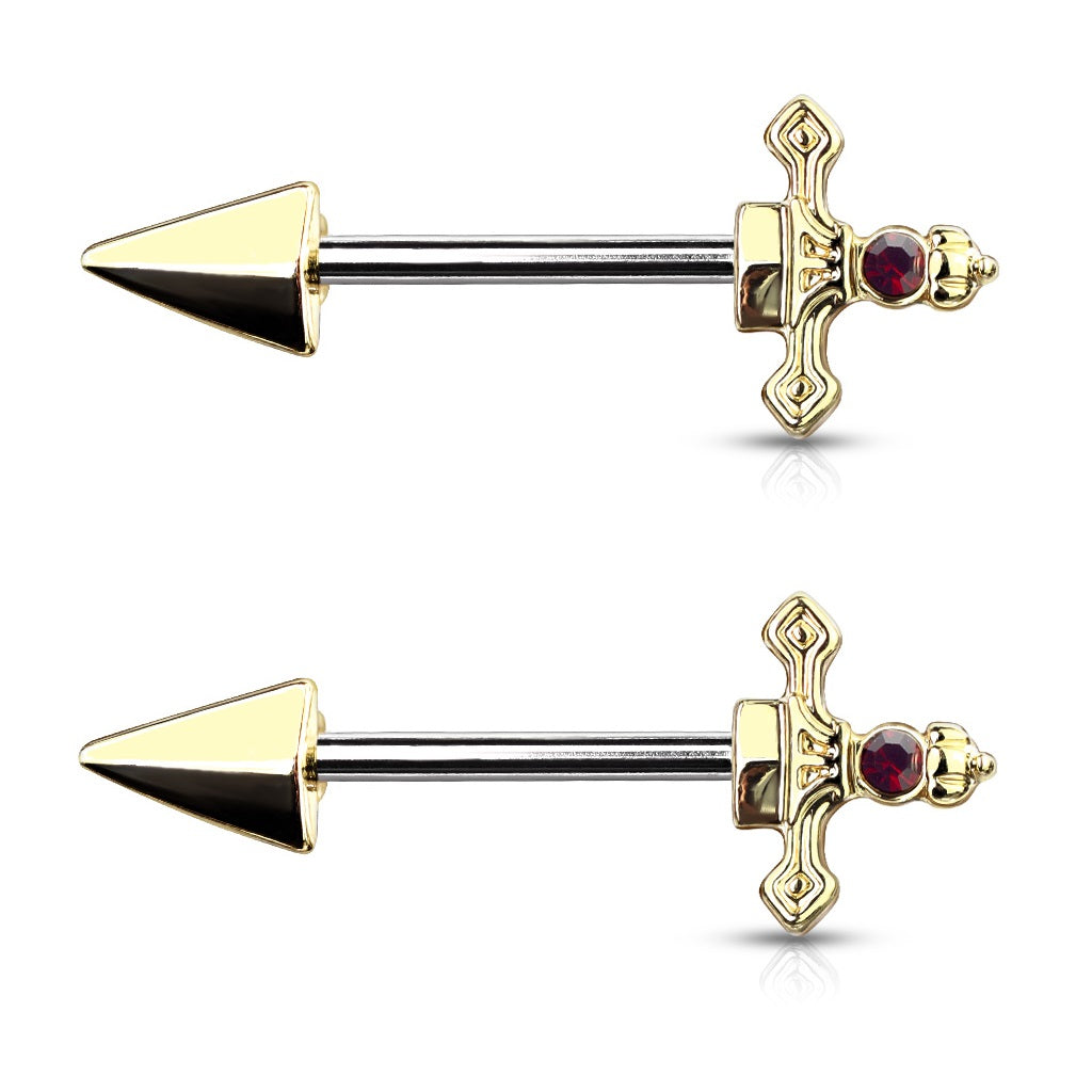 Red Gem Set Dagger Nipple Barbells - Stainless Steel - Pair