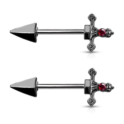 Red Gem Set Dagger Nipple Barbells - Stainless Steel - Pair