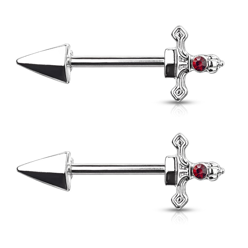 Red Gem Set Dagger Nipple Barbells - Stainless Steel - Pair