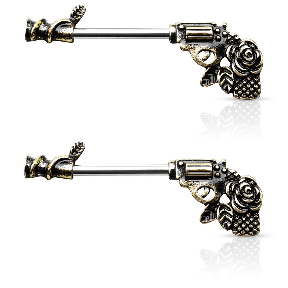 Rose Pistol Gun Nipple Barbells - Stainless Steel - Pair