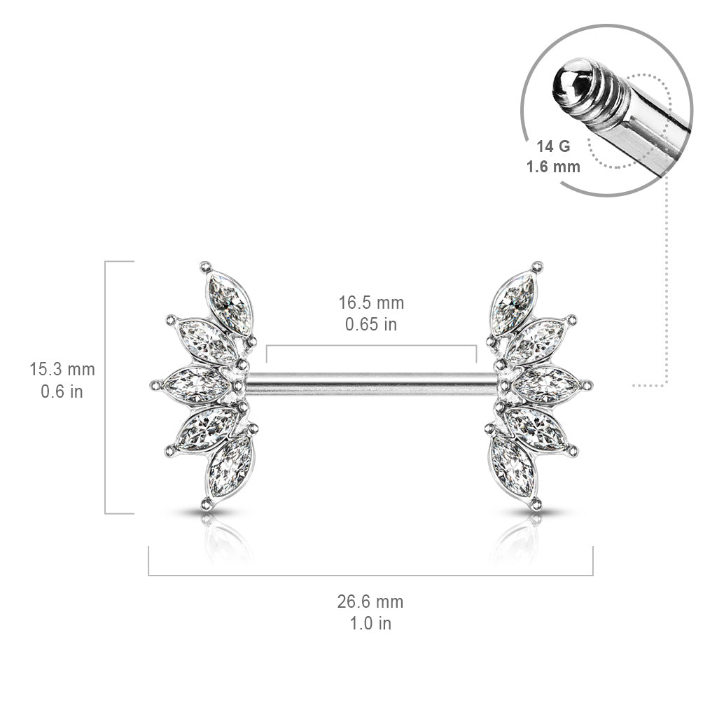 Crystal Marquise Fan Ends Nipple Barbells - Stainless Steel - Pair