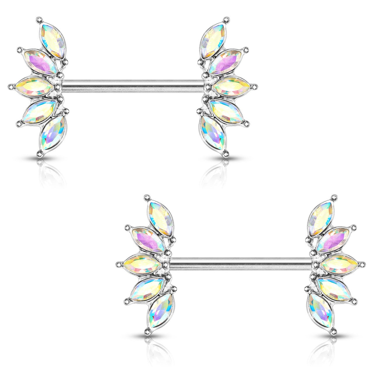 Crystal Marquise Fan Ends Nipple Barbells - Stainless Steel - Pair