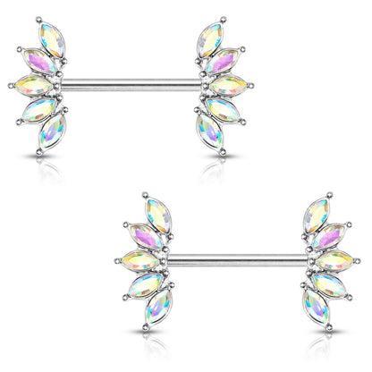 Crystal Marquise Fan Ends Nipple Barbells - Stainless Steel - Pair