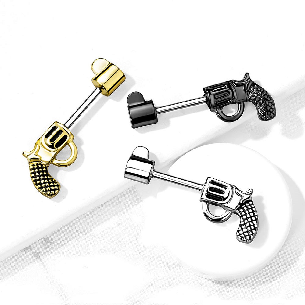 Revolver Pistol Nipple Barbells - Stainless Steel - Pair