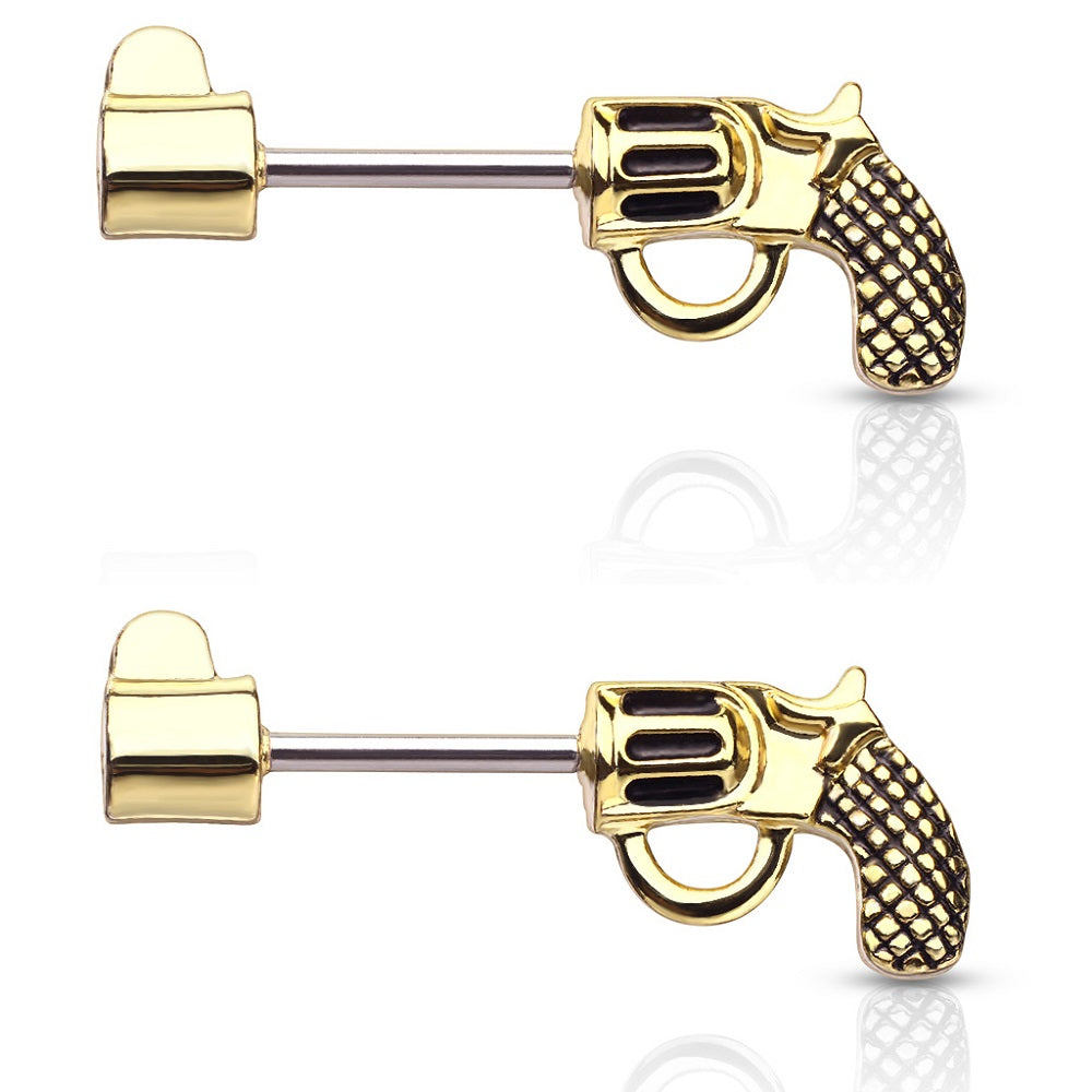 Revolver Pistol Nipple Barbells - Stainless Steel - Pair