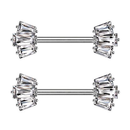 CZ Crystal Baguette Crown Ends Nipple Barbells - 316L Stainless Steel - Pair