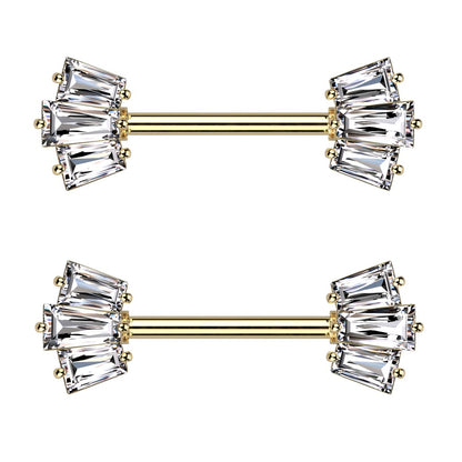 CZ Crystal Baguette Crown Ends Nipple Barbells - 316L Stainless Steel - Pair