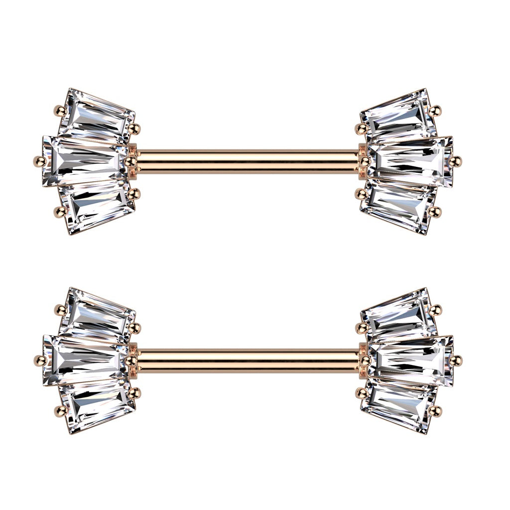 CZ Crystal Baguette Crown Ends Nipple Barbells - 316L Stainless Steel - Pair