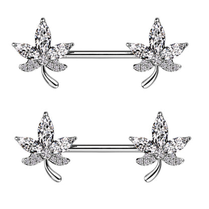 CZ Crystal Leaf Nipple Barbells - 316L Stainless Steel - Pair