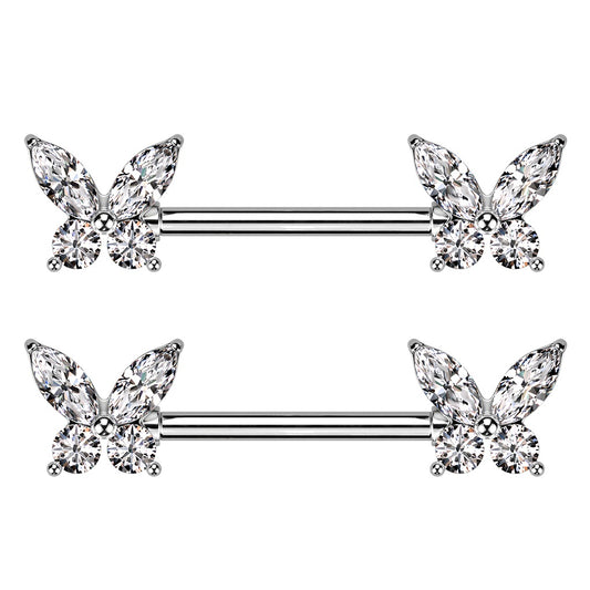 CZ Crystal Butterfly Ends Nipple Barbells - 316L Stainless Steel - Pair