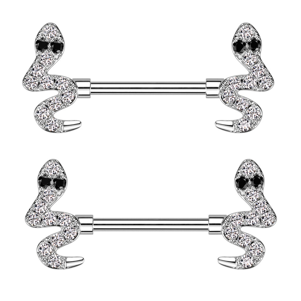 CZ Crystal Snakes Nipple Barbells - 316L Stainless Steel - Pair