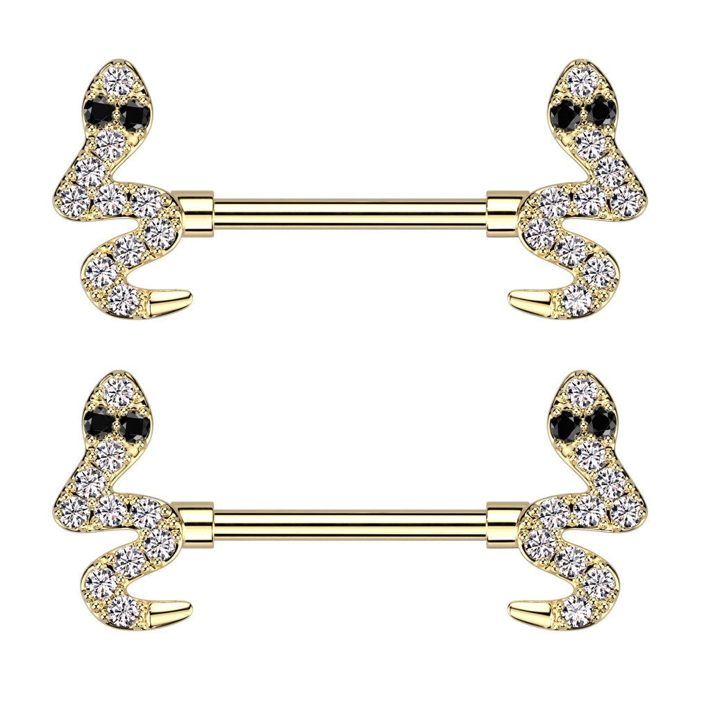 CZ Crystal Snakes Nipple Barbells - 316L Stainless Steel - Pair