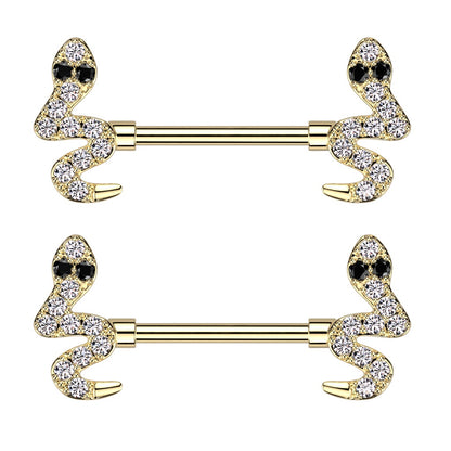 CZ Crystal Snakes Nipple Barbells - 316L Stainless Steel - Pair