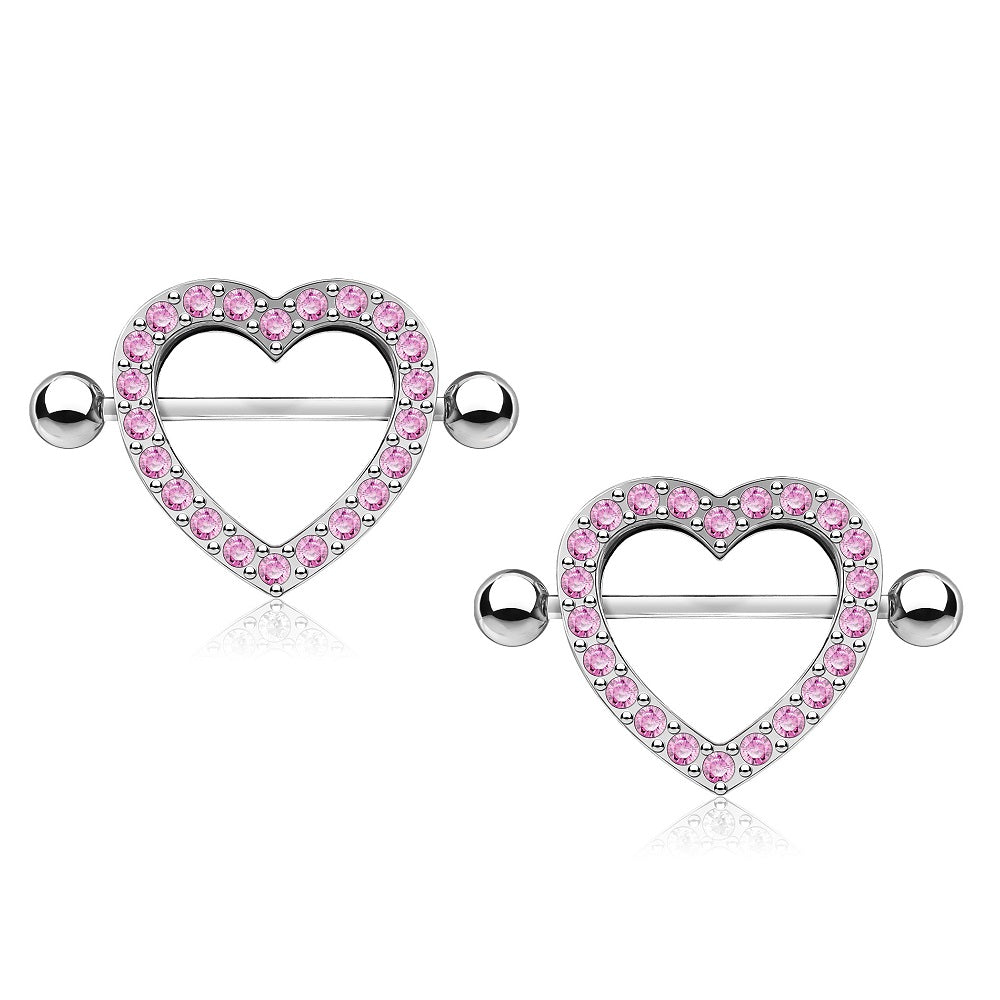 Gem Paved Heart Nipple Shields - 316L Stainless Steel