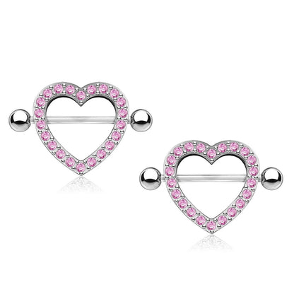 Gem Paved Heart Nipple Shields - 316L Stainless Steel