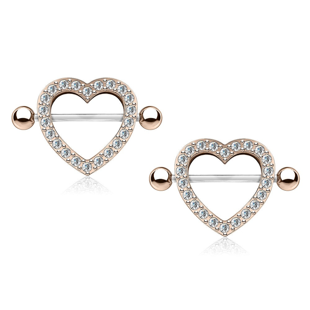 Gem Paved Heart Nipple Shields - 316L Stainless Steel