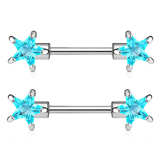 Double Front Facing CZ Stars Nipple Barbells - 316L Stainless Steel - Pair