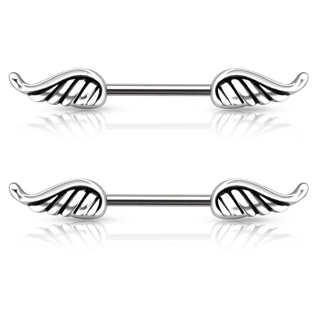 Angel Wings Nipple Barbell Rings - 316L Stainless Steel - Pair