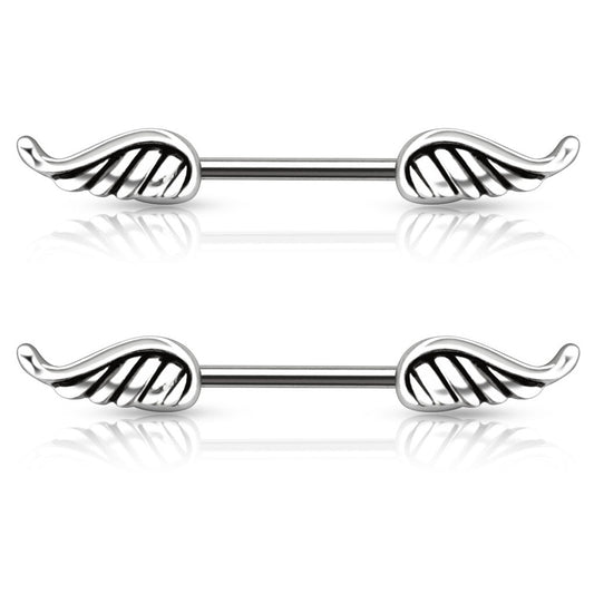 Angel Wings Nipple Barbell Rings - 316L Stainless Steel - Pair