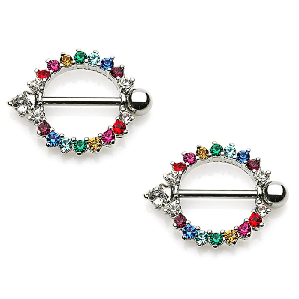 Round Prong Set Rainbow CZs Barbell Nipple Ring Shields - 316L Stainless Steel - Pair