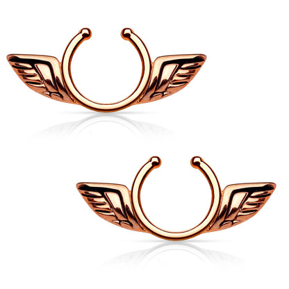 Angel Wings Clip On Non-Pierce Fake Nipple Rings - Brass - Pair