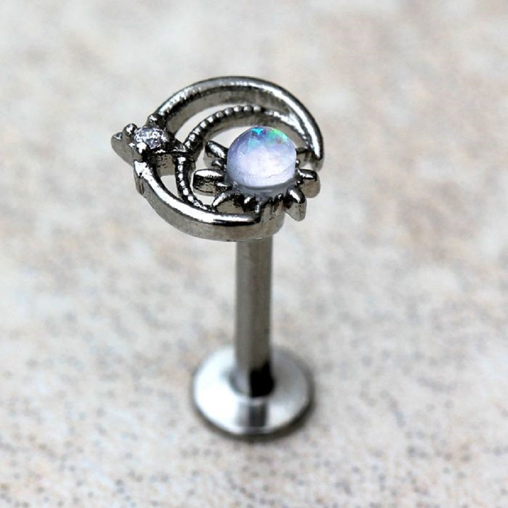 Outlined Crescent Moon with Opalite Sun Flat Back Stud - 316L Stainless Steel