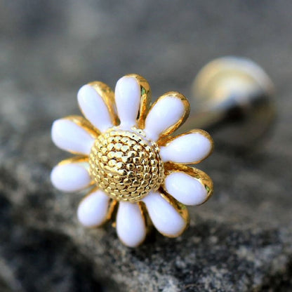 Golden Daisy with White Petals Flat Back Labret Stud - Stainless Steel