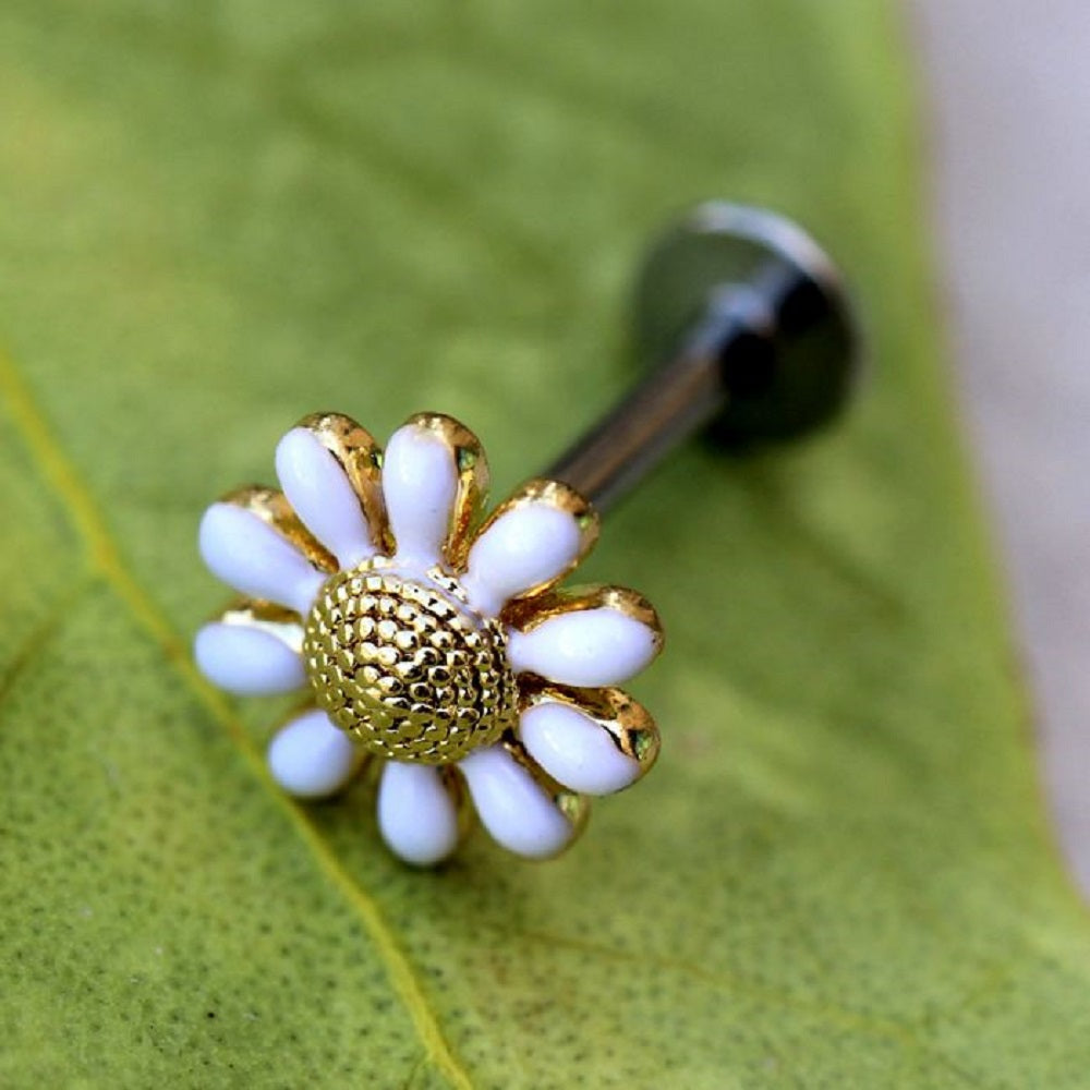 Golden Daisy with White Petals Flat Back Labret Stud - Stainless Steel