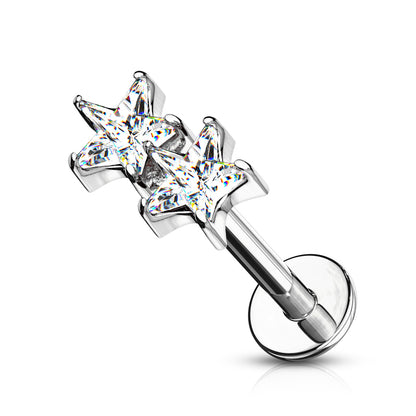 Twin CZ Crystal Star Top Labret Stud - Stainless Steel