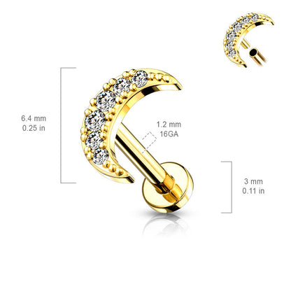 Internally Threaded Crystal Paved Crescent Moon Top Flat Back Stud - 316L Stainless Steel