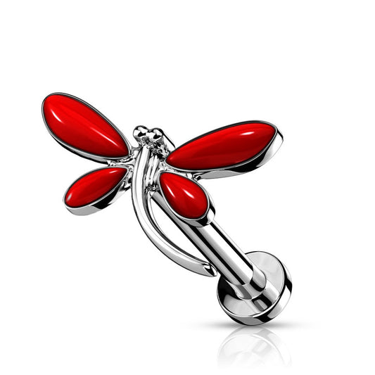 Internally Threaded Red Dragonfly Top Flat Back Stud - 316L Stainless Steel